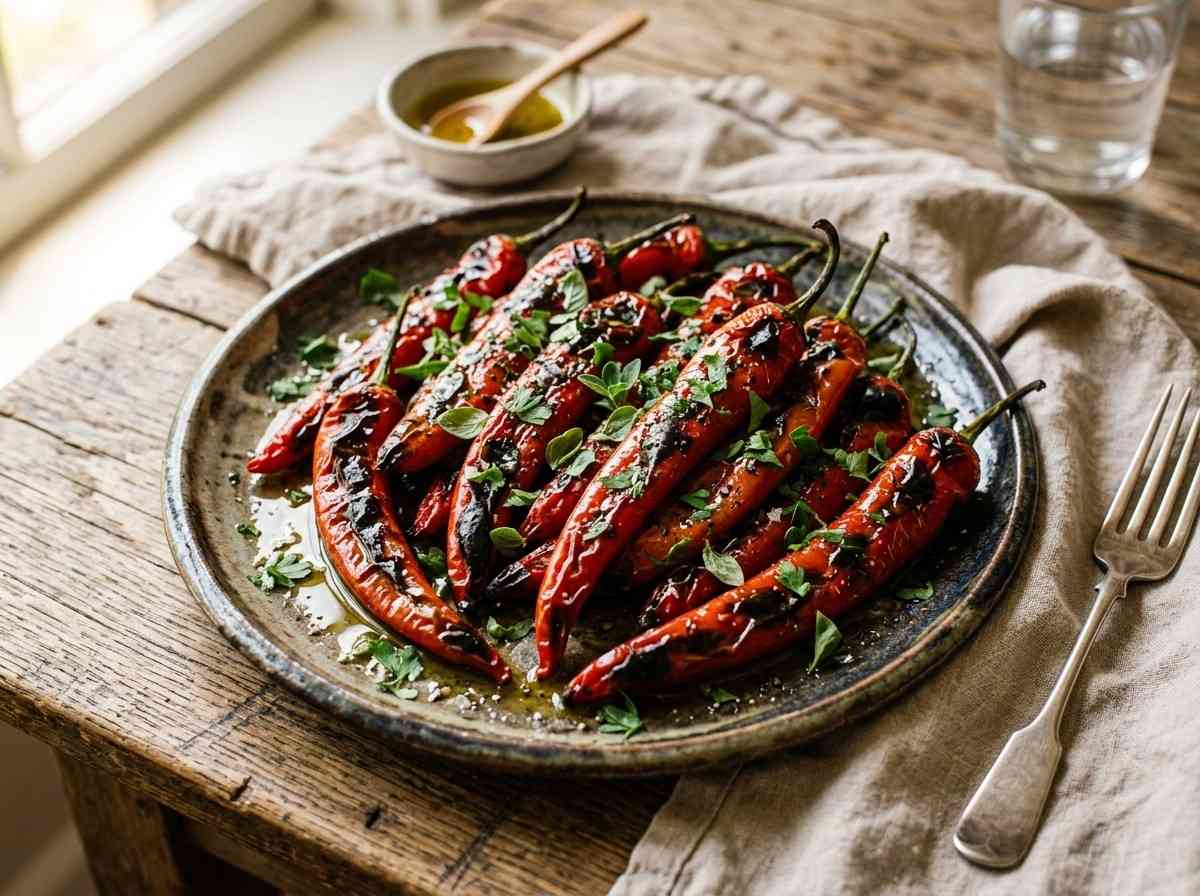 Jimmy Nardello Peppers Recipe showing sautéed sweet peppers in a pan