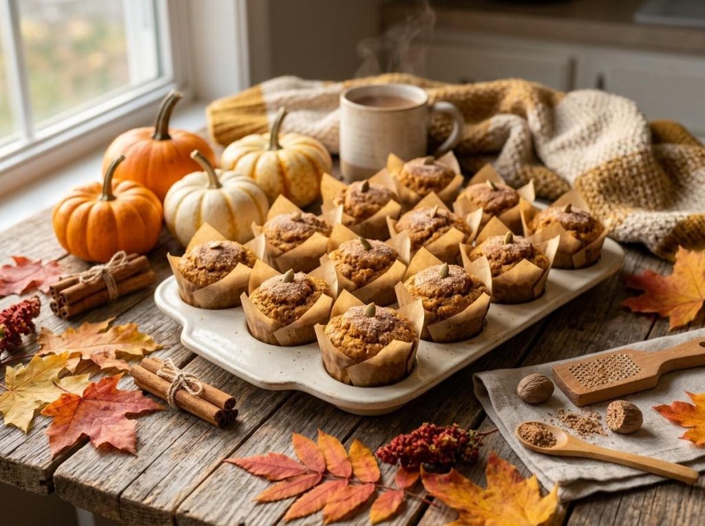 Mini Pumpkin Muffin Recipe showing freshly baked pumpkin muffins on a cooling rack