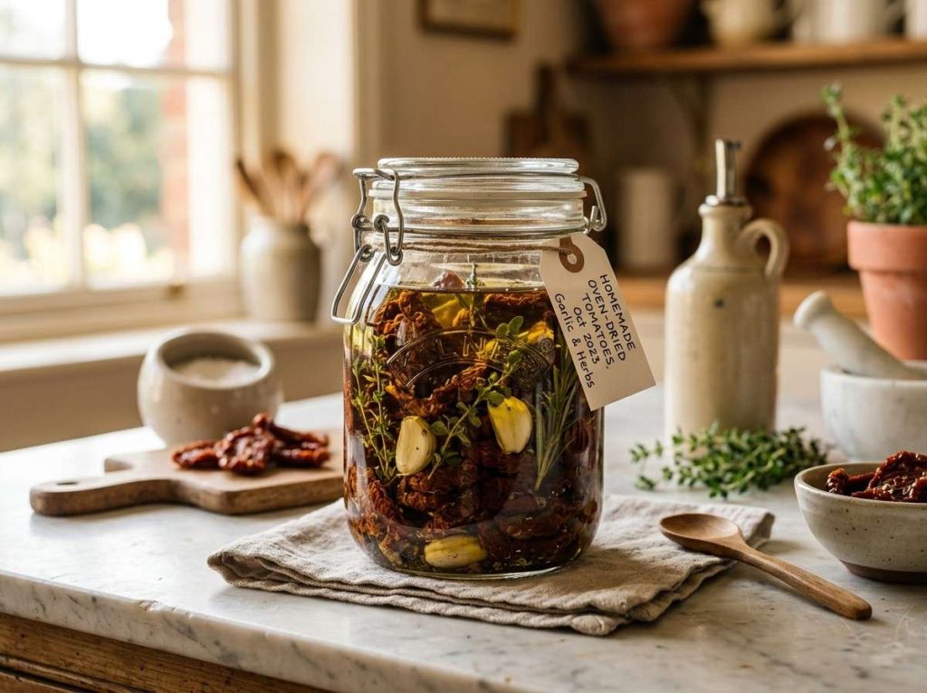 Homemade Oven Dried Tomatoes Recipe with fresh ripe garden tomatoes