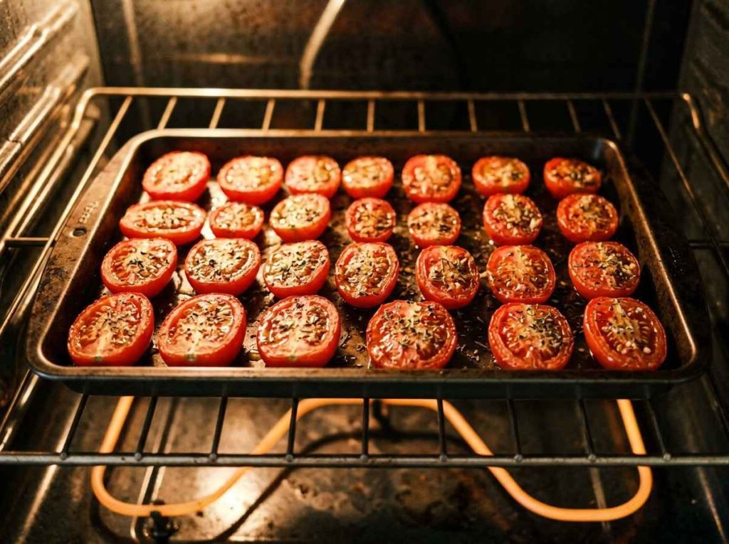 Oven Dried Tomatoes Recipe showing sliced tomatoes drying in oven tray