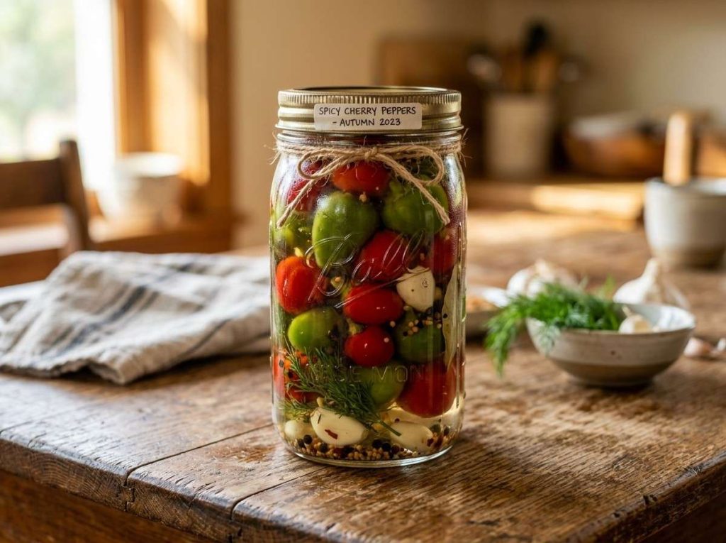 Pickled Cherry Peppers Recipe showing bright red cherry peppers preserved in glass jars