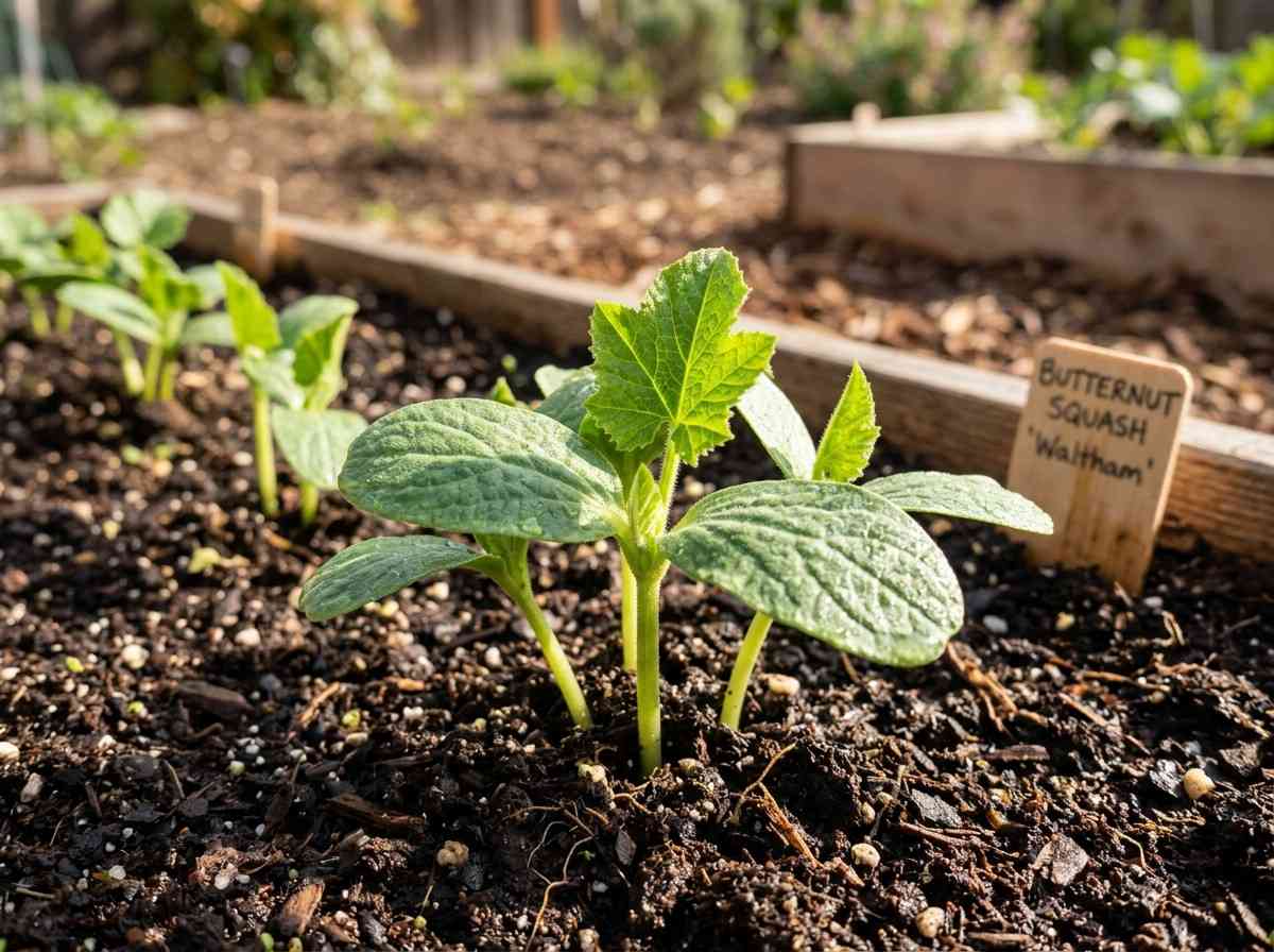 Planting Butternut Squash from Seed with healthy seedlings emerging from the soil