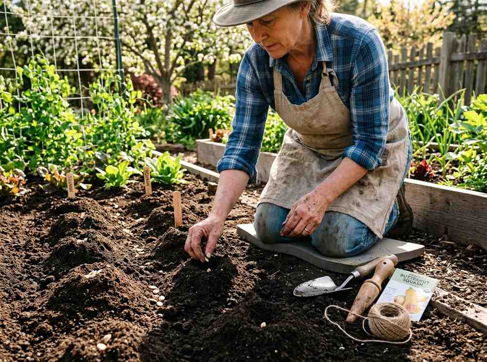 Planting Butternut Squash from Seed showing seeds sown in prepared garden soil