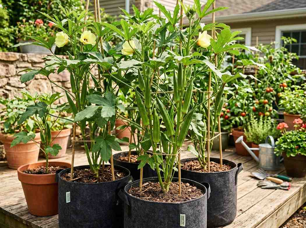 Planting Okra in Containers featuring green okra pods ready for harvest