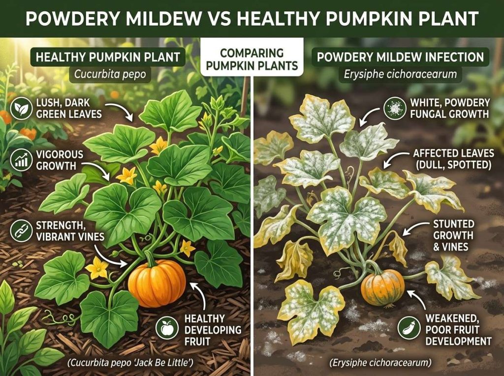 Powdery Mildew in Pumpkin demonstrating common disease symptoms on pumpkin foliage