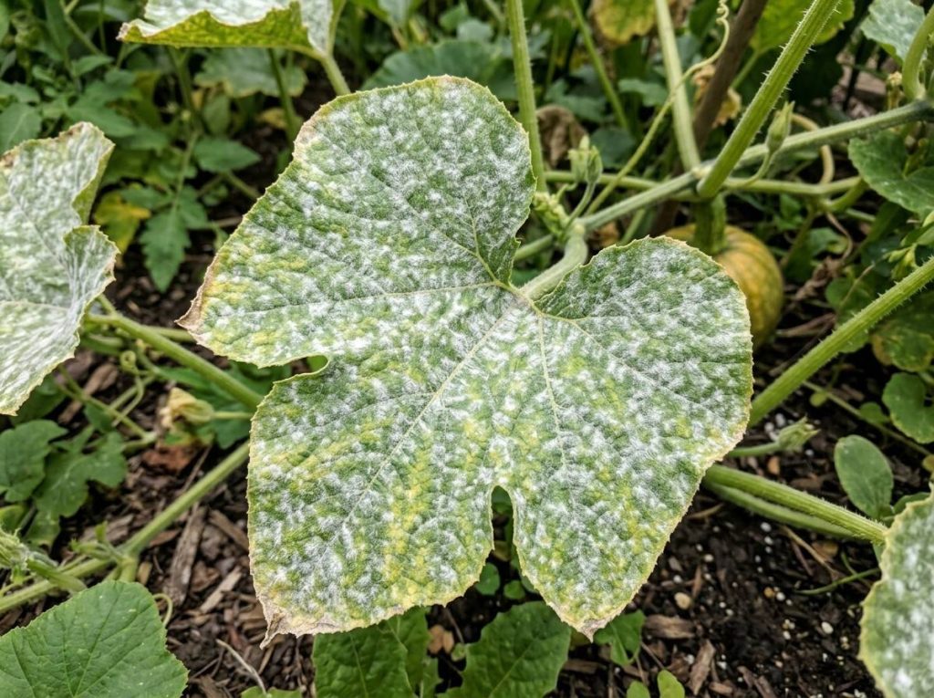 Powdery Mildew in Pumpkin showing white powdery fungal growth on pumpkin leaves