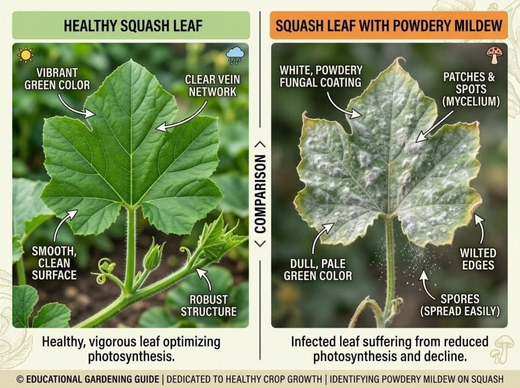 Powdery Mildew on Squash Leaves causing leaf discoloration and reduced plant vigor
