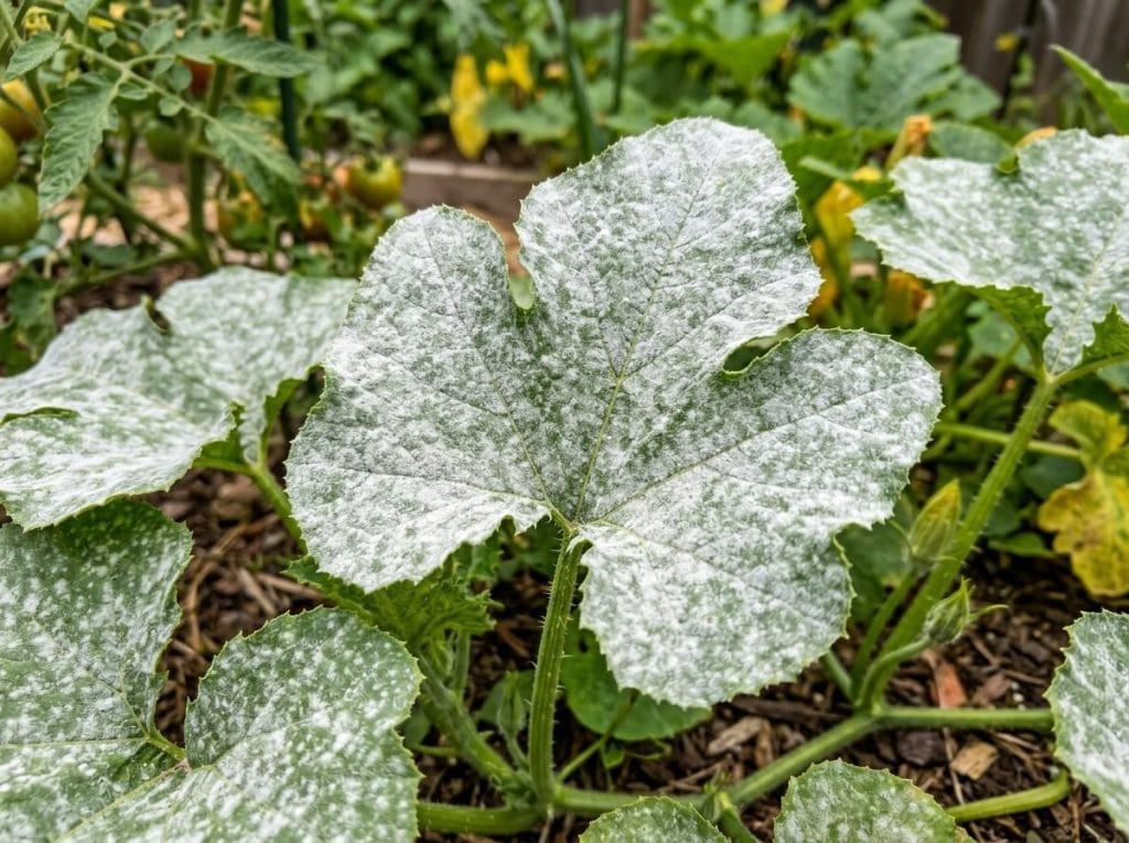 Powdery Mildew on Squash Leaves affecting healthy squash plants in a vegetable garden