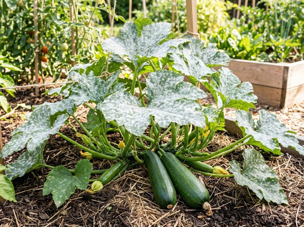 Powdery Mildew on Squash Leaves showing white powdery fungal growth covering squash foliage