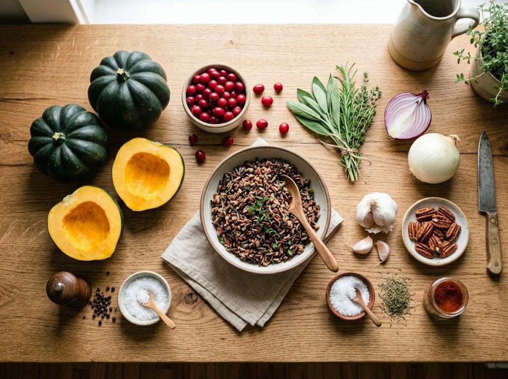 Homemade Recipe for Stuffed Acorn Squash prepared with vegetables herbs and grains