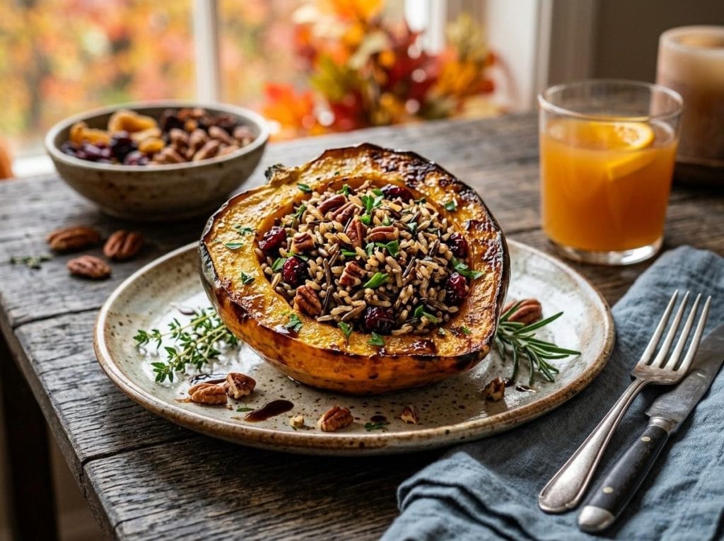 Recipe for Stuffed Acorn Squash showing baked acorn squash filled with savory stuffing