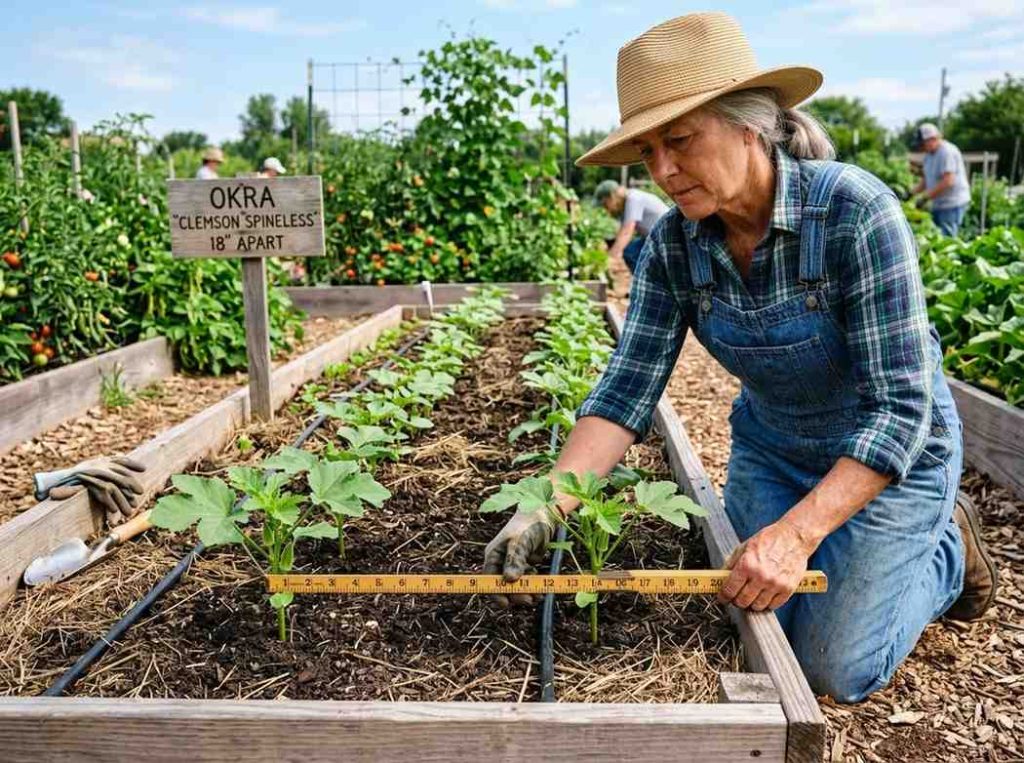 Spacing for Okra Plants showing properly spaced okra plants in garden rows