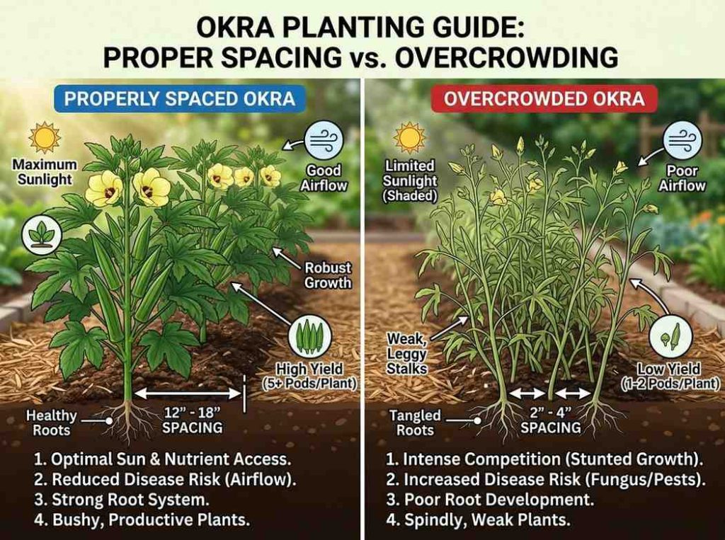 Spacing for Okra Plants in a home vegetable garden for strong and productive plants