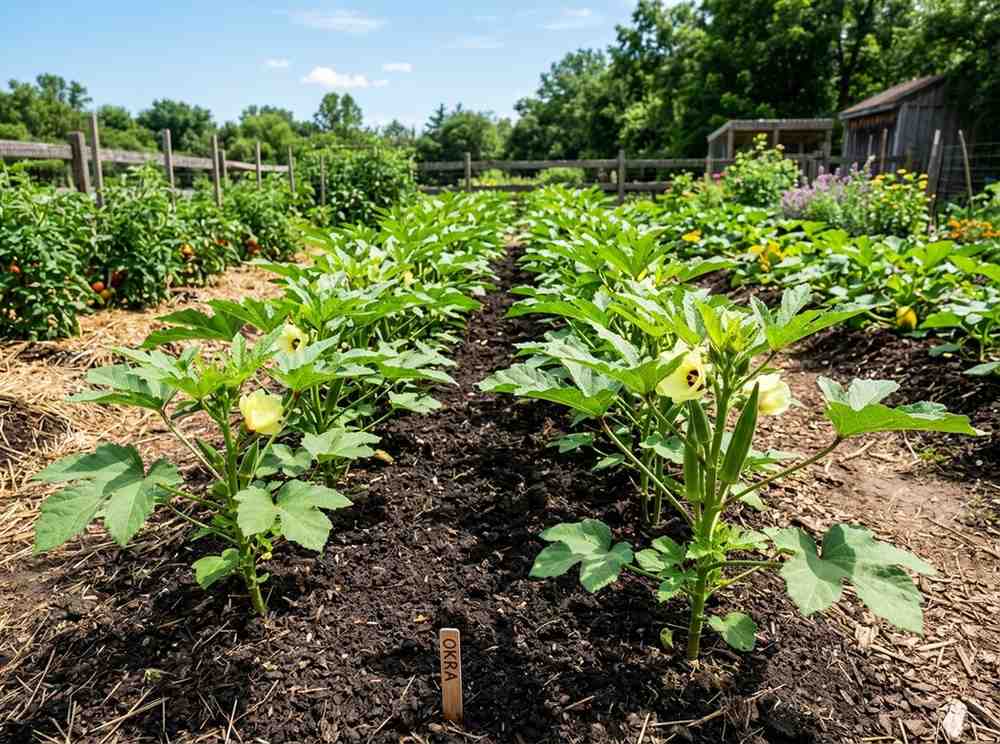 Spacing for Okra Plants demonstrating correct planting distance for maximum yield