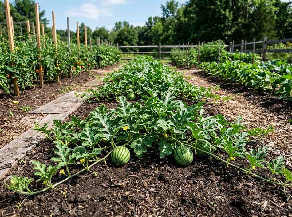 Spacing for Watermelon Plants showing proper distance between watermelon vines in garden rows