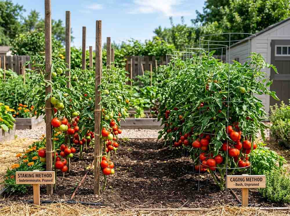 Staking Tomatoes vs Cages