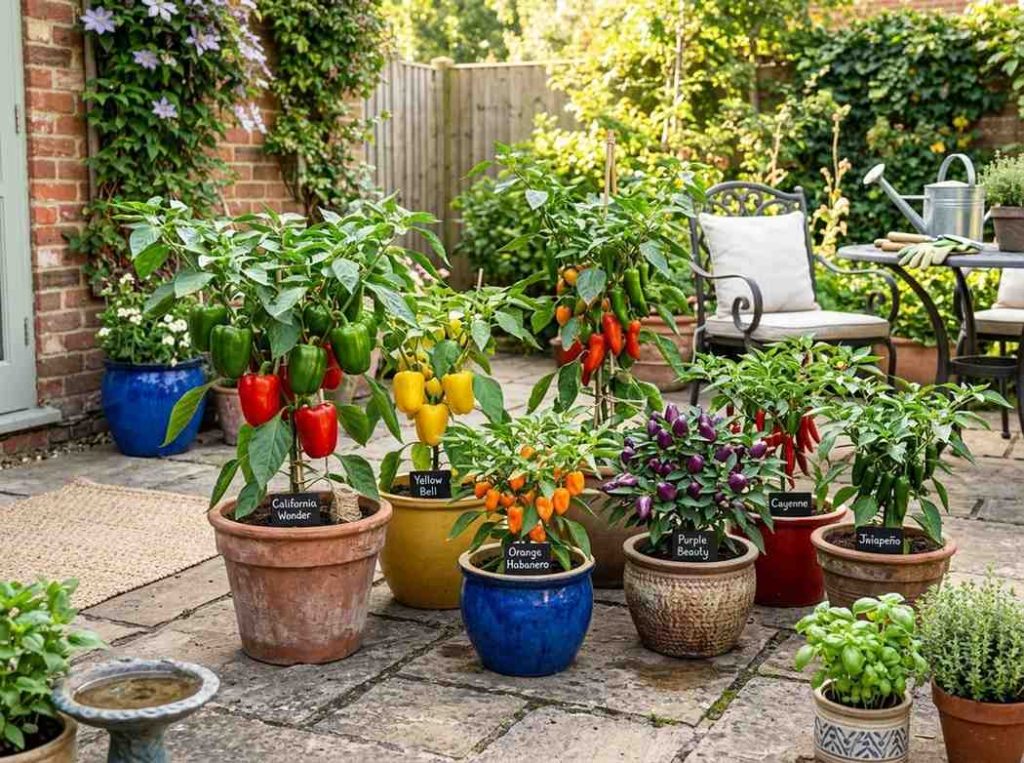 Types of Peppers to Grow showing a variety of colorful pepper plants in a garden