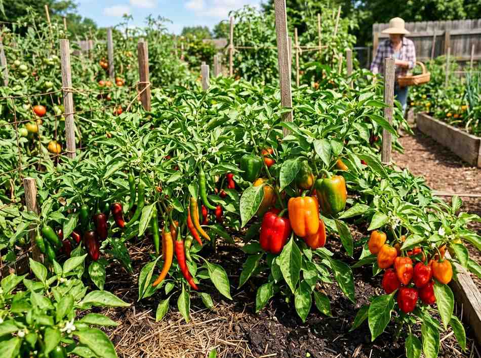 Types of Peppers to Grow with bell peppers jalapenos and chili peppers ready for harvest