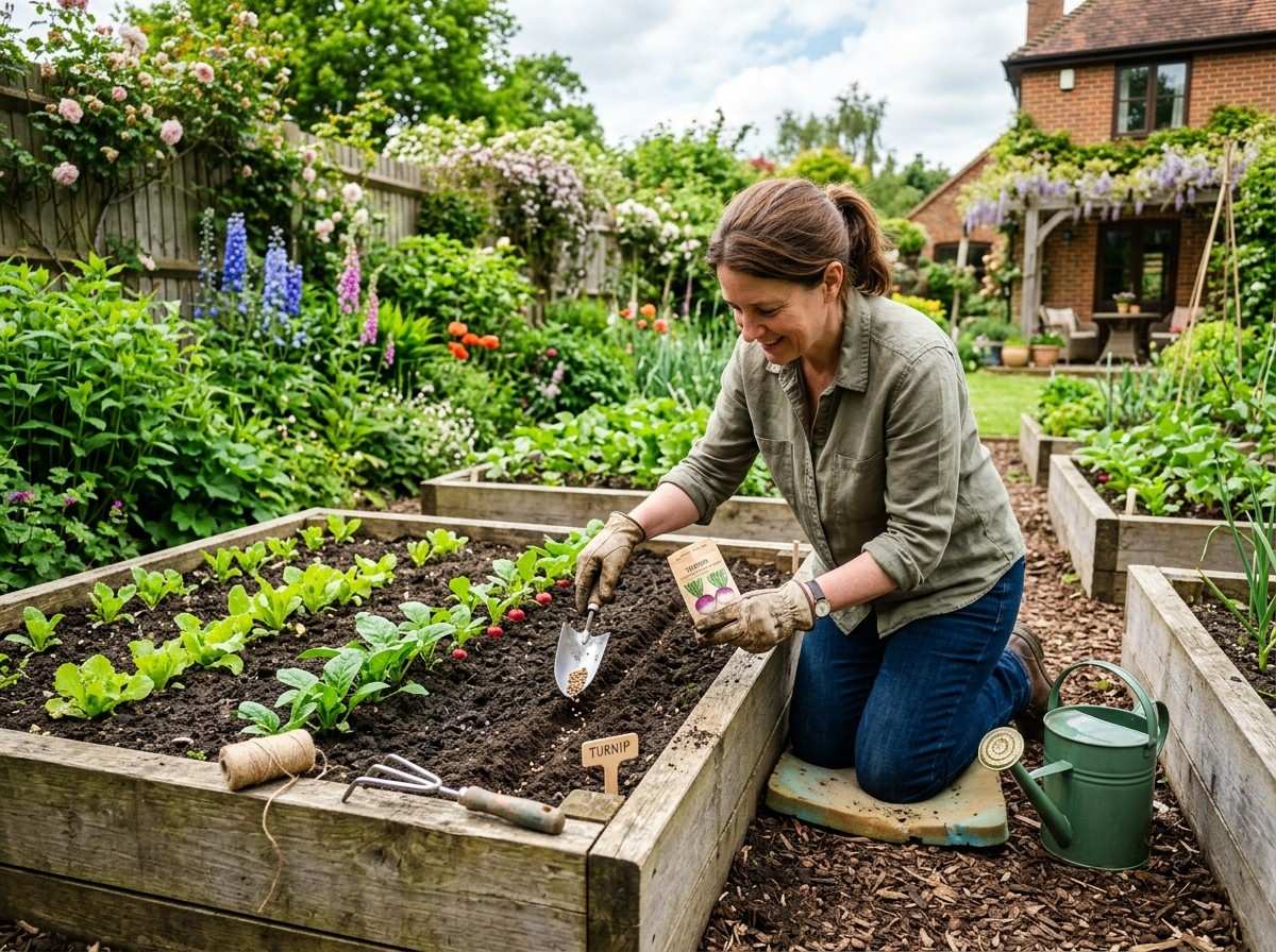 When Do You Plant Turnips with young turnip seedlings growing in neat garden rows