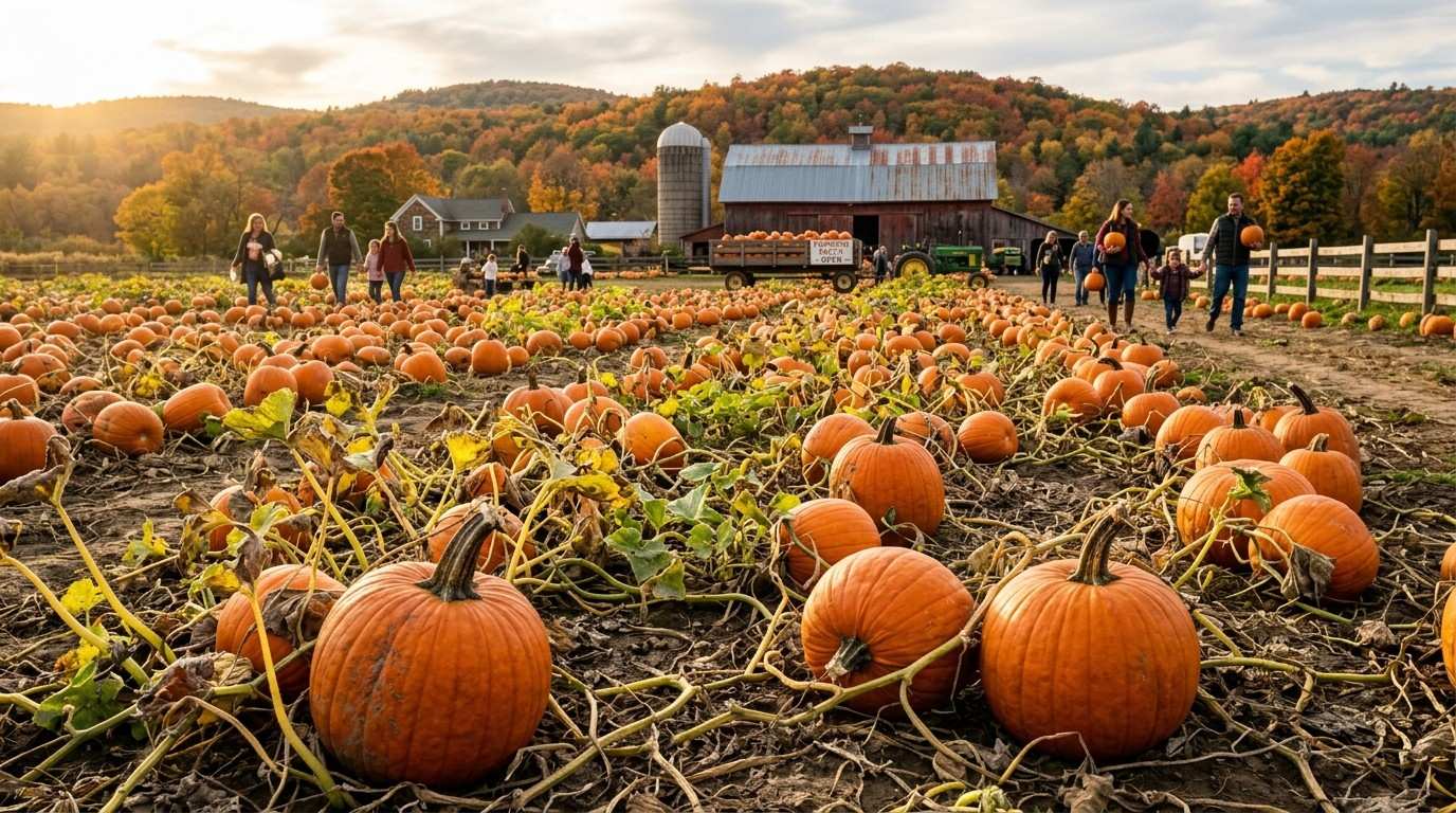 When are Pumpkins Ready to Pick showing ripe pumpkins ready for harvest in a garden field