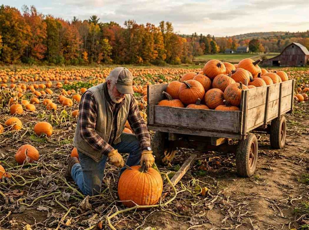 When is Pumpkin Season showing ripe pumpkins ready for harvest in autumn field