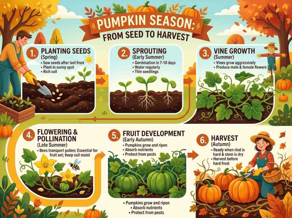 When is Pumpkin Season featuring healthy pumpkins growing on garden vines
