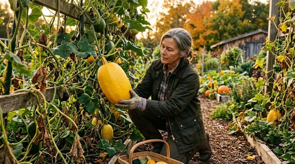 Beginner guide on When is Spaghetti Squash in Season with mature squash growing on healthy vines