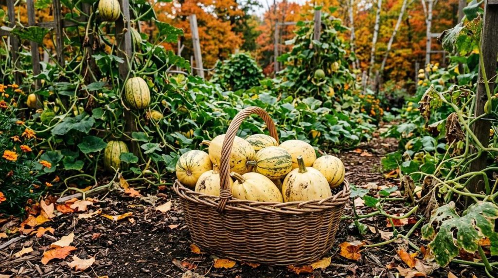 When is Spaghetti Squash in Season demonstrating fresh seasonal squash in a vegetable garden