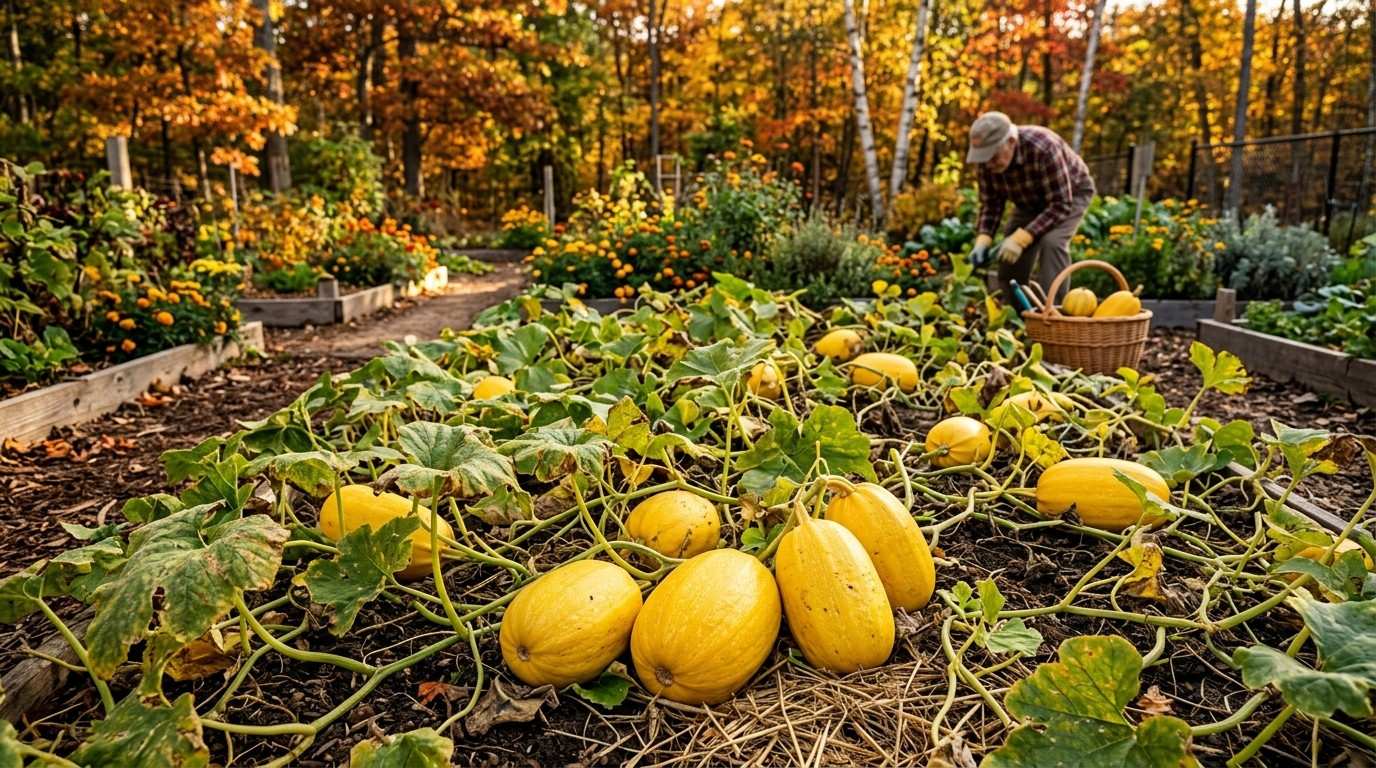 When is Spaghetti Squash in Season showing ripe spaghetti squash ready for harvest in the garden