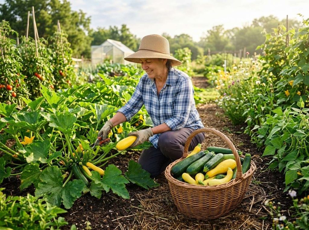 Beginner guide on When is Summer Squash Ready to Pick with healthy squash plants and fruits