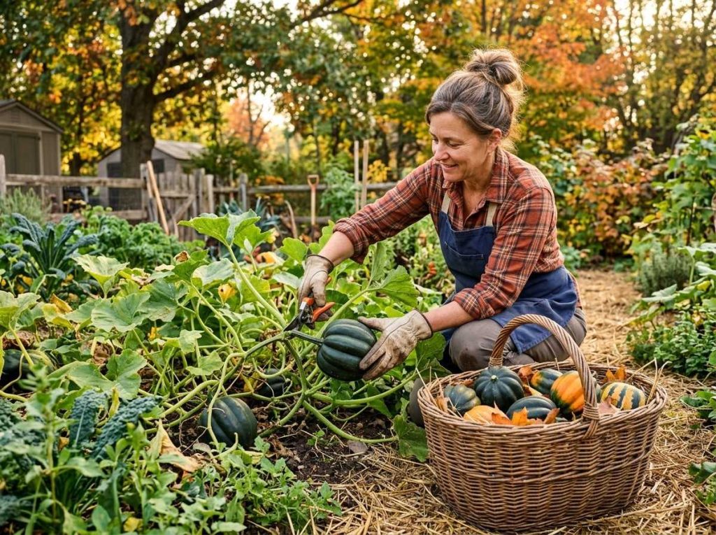 When to Harvest Acorn Squash showing mature acorn squash ready for picking on the vine