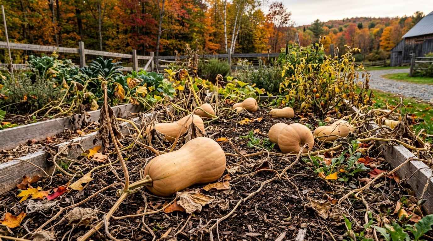 When to Harvest Butternut Pumpkins showing mature butternut pumpkins ready for picking in the garden