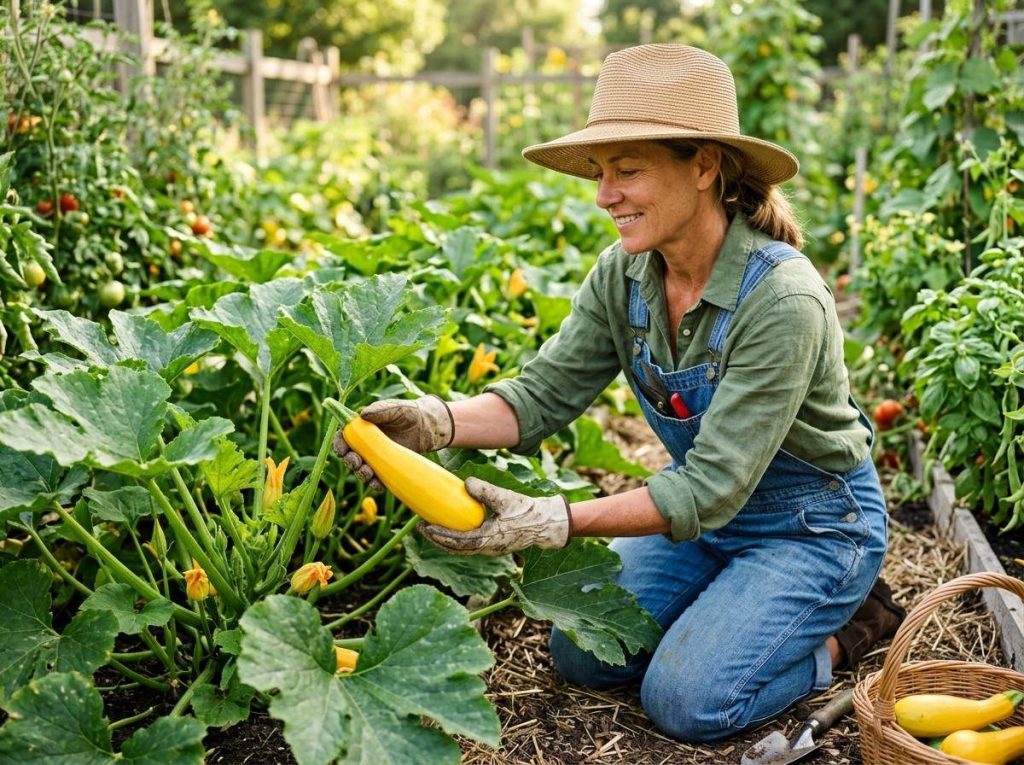 Beginner guide on When to Harvest Yellow Squash with healthy squash plants and mature fruits