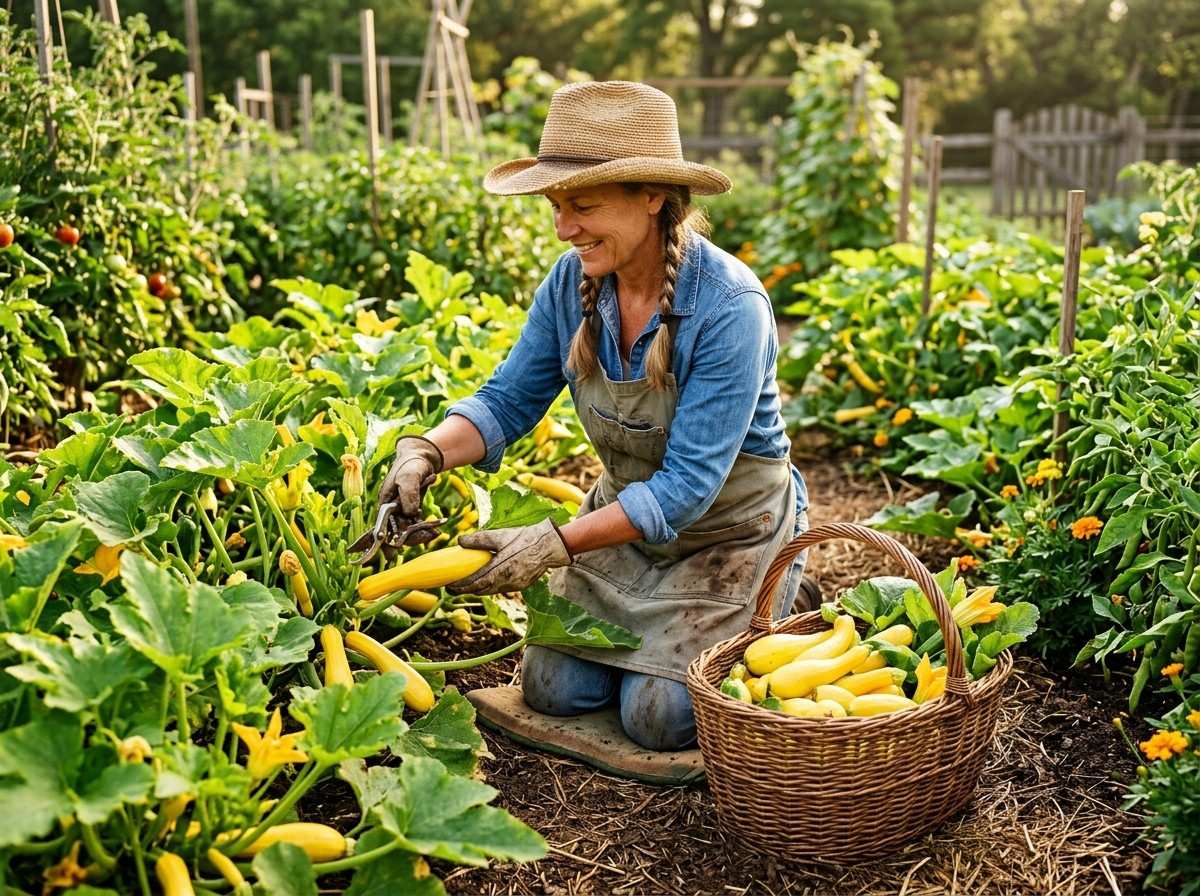 When to Harvest Yellow Squash showing ripe yellow squash ready for picking in the garden