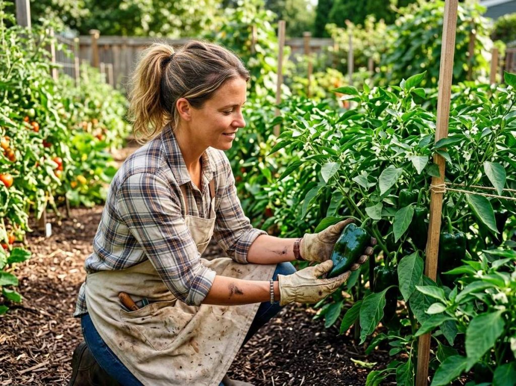 Beginner guide on When to Pick Poblano Peppers with healthy pepper plants in the garden