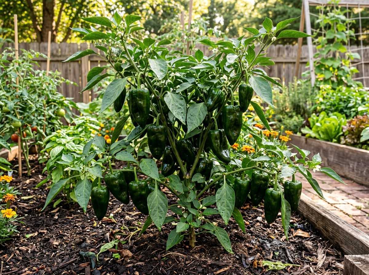 When to Pick Poblano Peppers showing mature poblano peppers ready for harvest on the plant