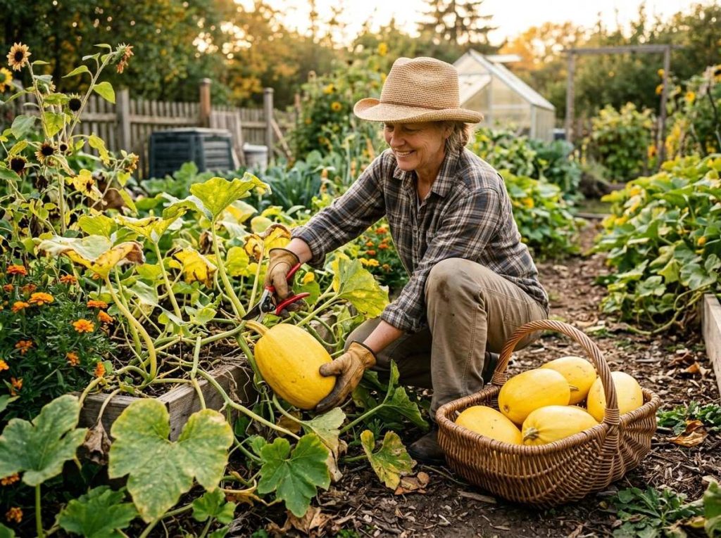 When to Pick Spaghetti Squash featuring harvest-ready fruits growing on healthy vines