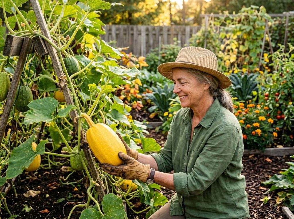 When to Pick Spaghetti Squash showing ripe spaghetti squash ready for harvest on the vine