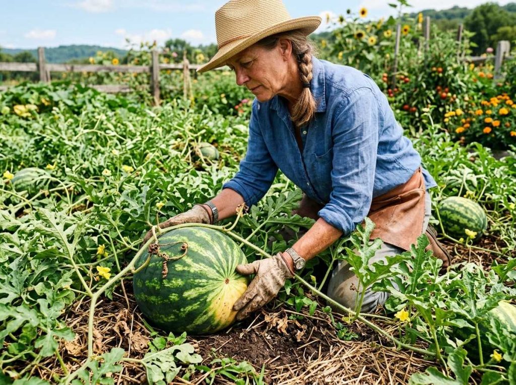 When to Pick Watermelon showing a ripe watermelon ready for harvest in the garden
