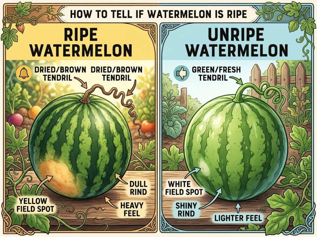 When to Pick Watermelon demonstrating the yellow ground spot on ripe watermelon