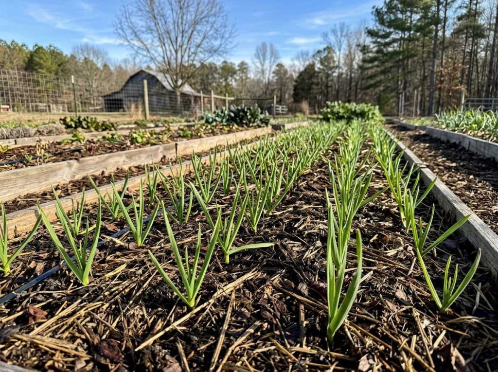 When to Plant Garlic in North Carolina with garlic seedlings growing in raised beds