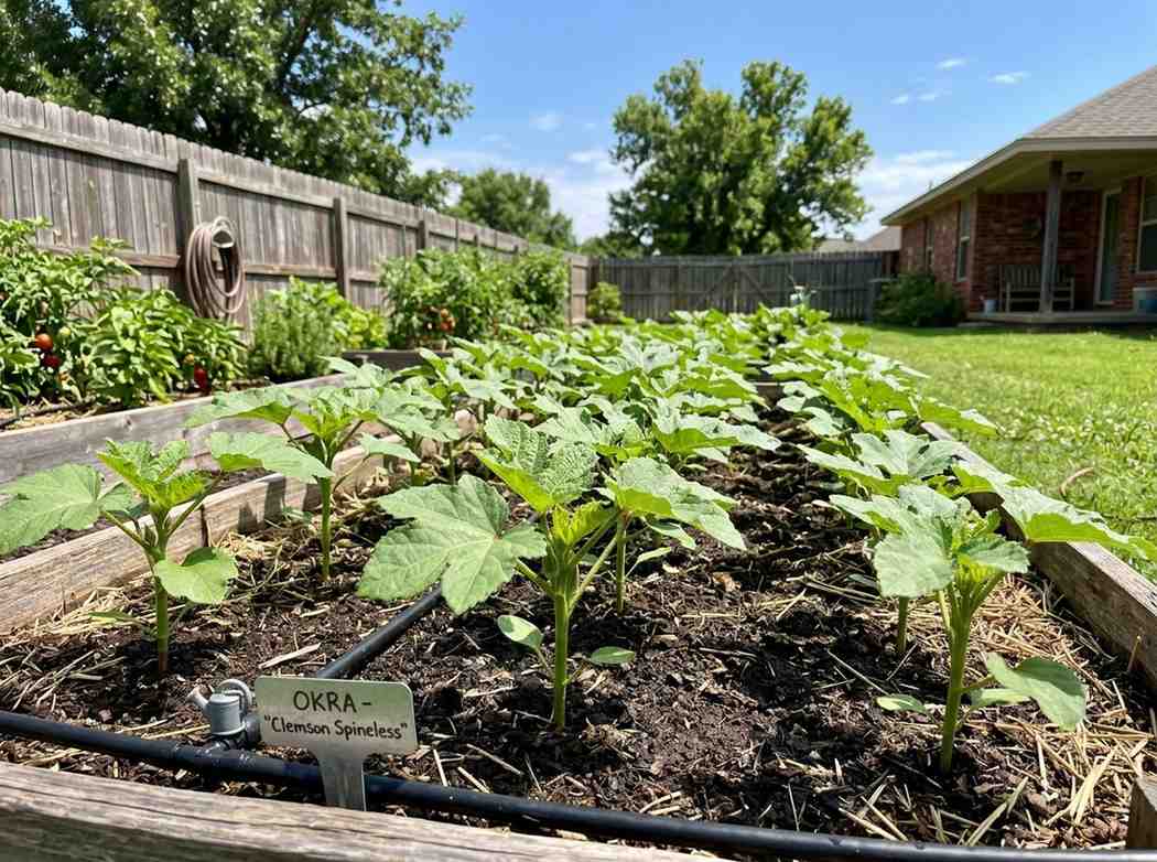 When to Plant Okra in Oklahoma with thriving plants under full sunlight