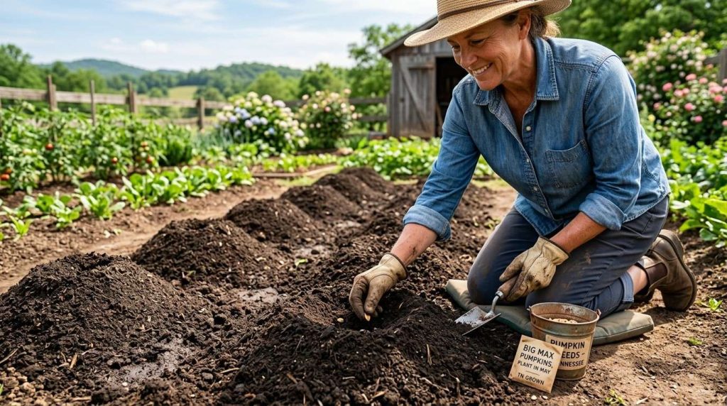 When to Plant Pumpkins in Tennessee showing pumpkin seeds planted in warm spring soil