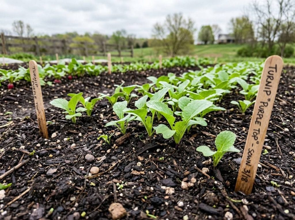When to Plant Turnips in Missouri with healthy turnip seedlings growing in rows