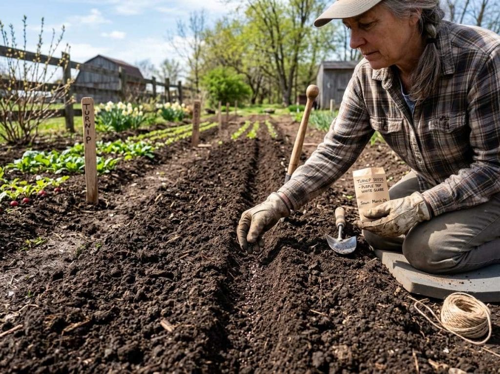 When to Plant Turnips in Missouri showing turnip seeds being planted in garden soil