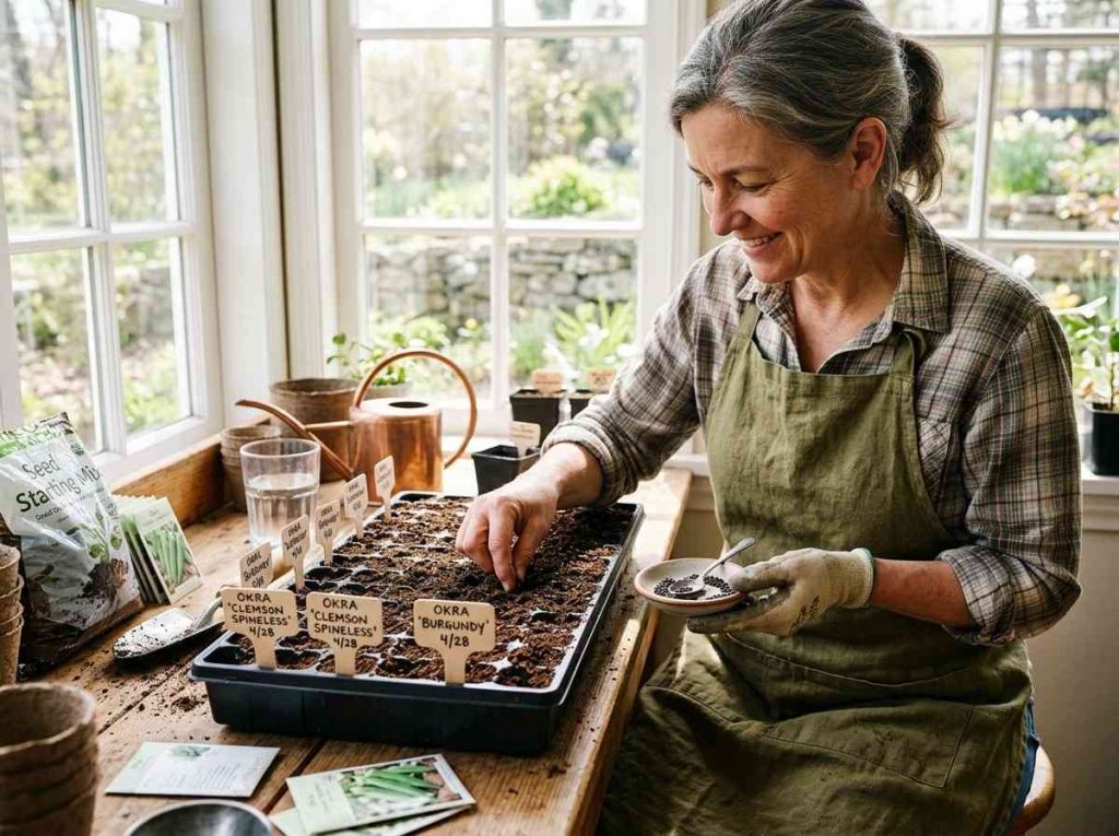 When to Start Okra Seeds Indoors showing okra seeds germinating in seed trays
