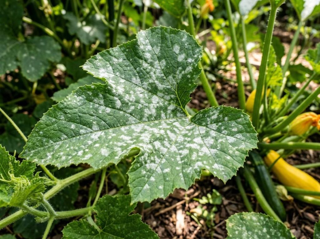 White Spots on Squash Plant Leaves showing pale spots and discoloration on squash foliage
