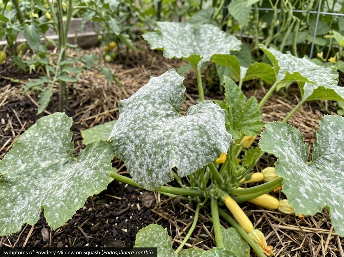 White Spots on Squash Plant Leaves caused by powdery mildew or natural leaf patterns