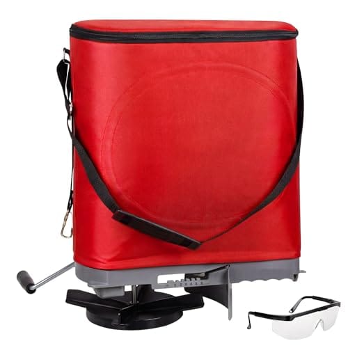 Walensee 25lb Handheld Bag Seed Spreader with Enclosed Metal Gears, Rear Baffle, Adjustable Flow Control, Durable Oxford Bag, Shoulder Strap, for Grass Seed and Fertilizer, Red