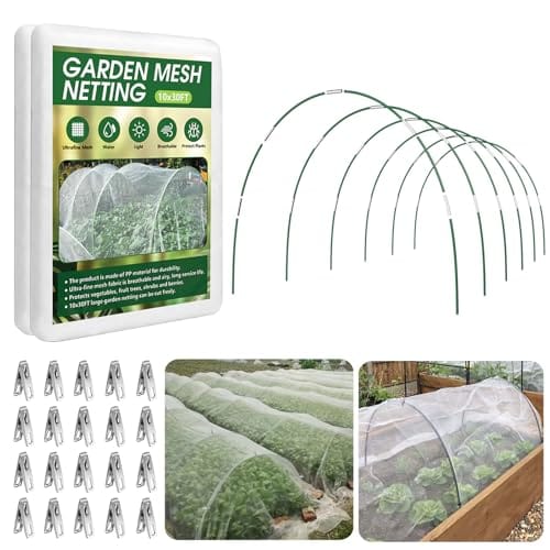 Garden Netting Kit for Raised Beds, 10x30FT Ultra Fine Mesh Netting& 6 Sets of 8FT Fiberglass Garden Hoops, Row Cover Insect Netting for Vegetable Plant Fruit Flowers Protection